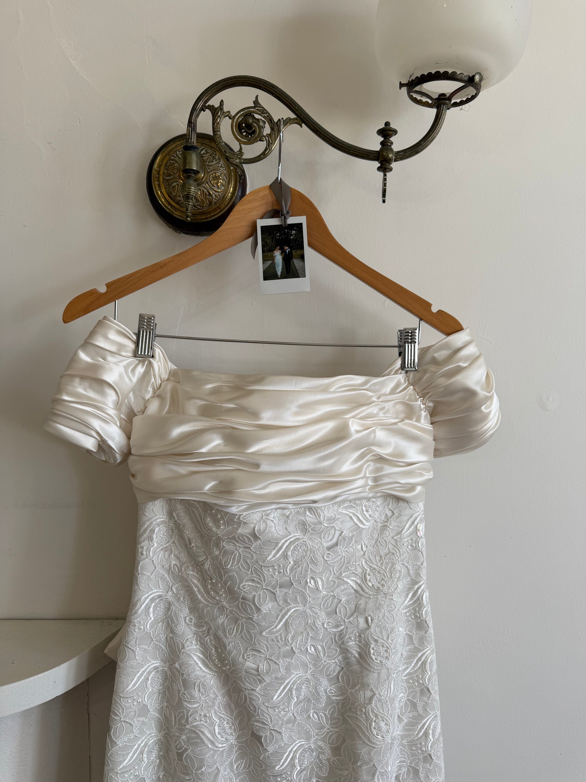 Vintage 90s Jacquard Lace Off Shoulder Wedding Gown with Bow and Train