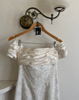 Vintage 90s Jacquard Lace Off Shoulder Wedding Gown with Bow and Train