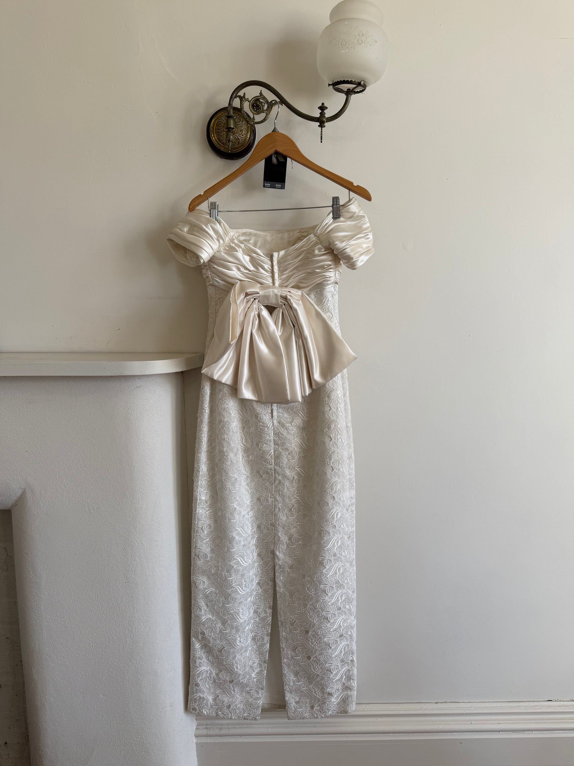Vintage 90s Jacquard Lace Off Shoulder Wedding Gown with Bow and Train