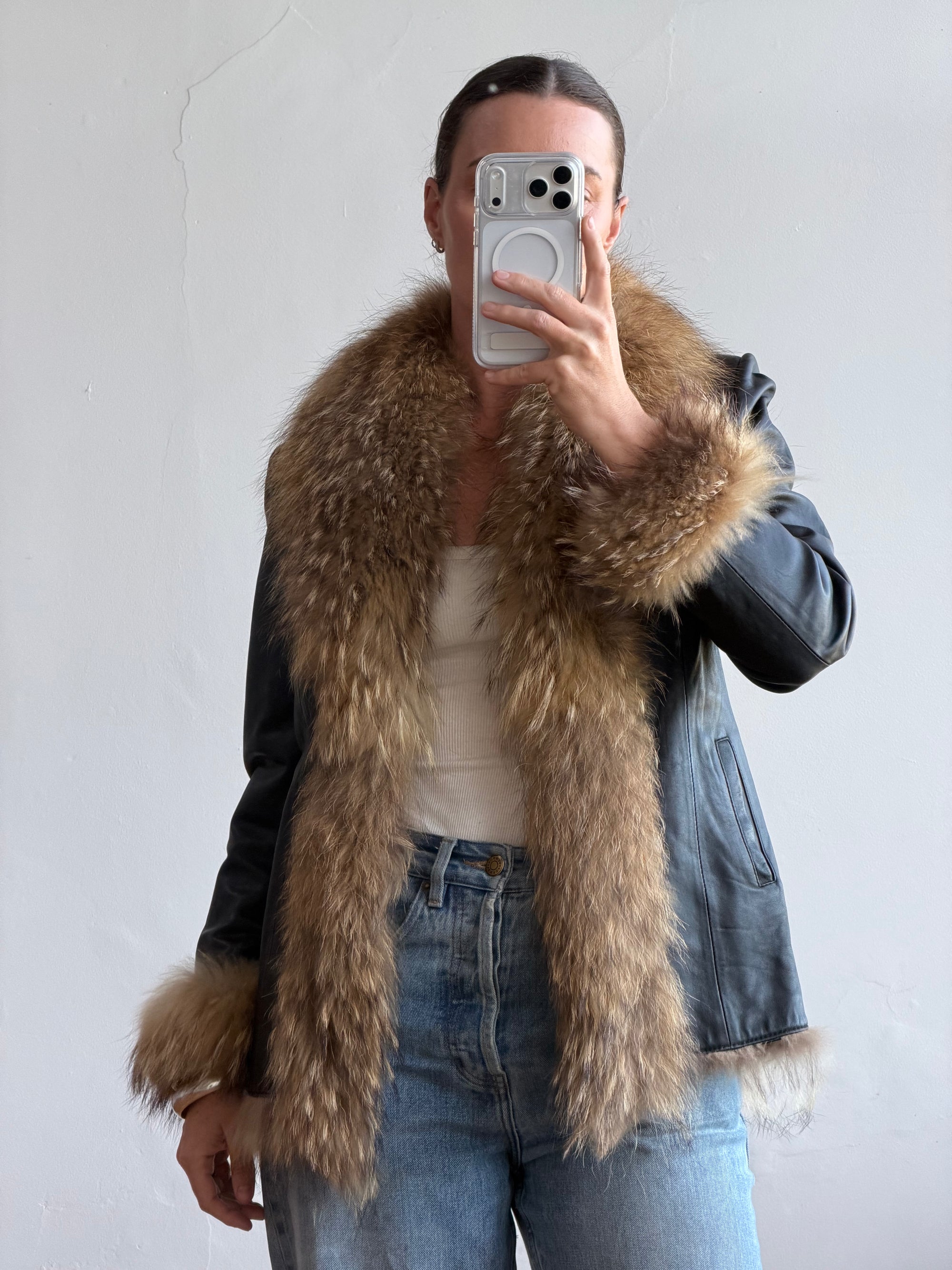 Vintage Y2K Fur and Leather Jacket Noir
