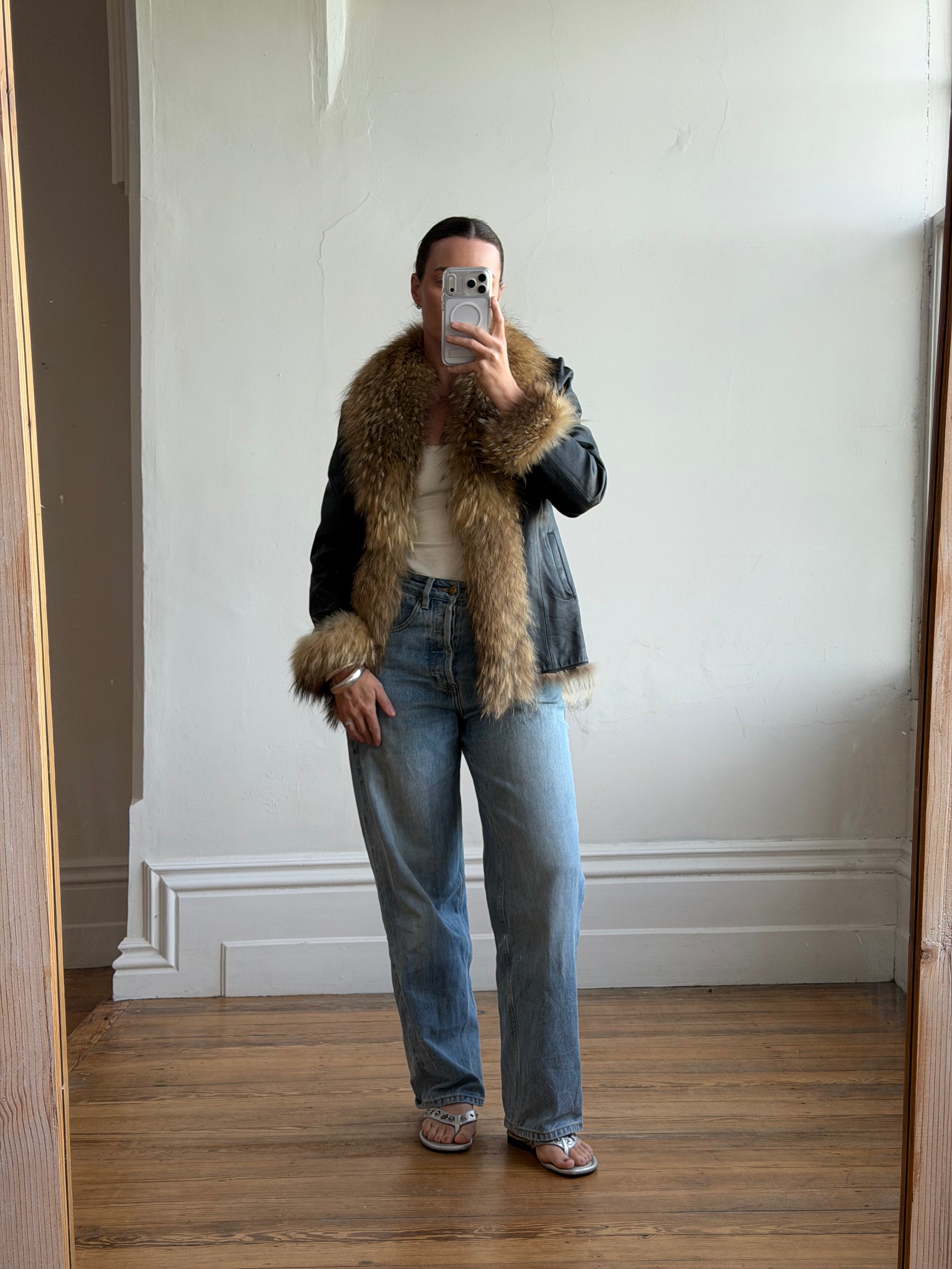 Vintage Y2K Fur and Leather Jacket Noir