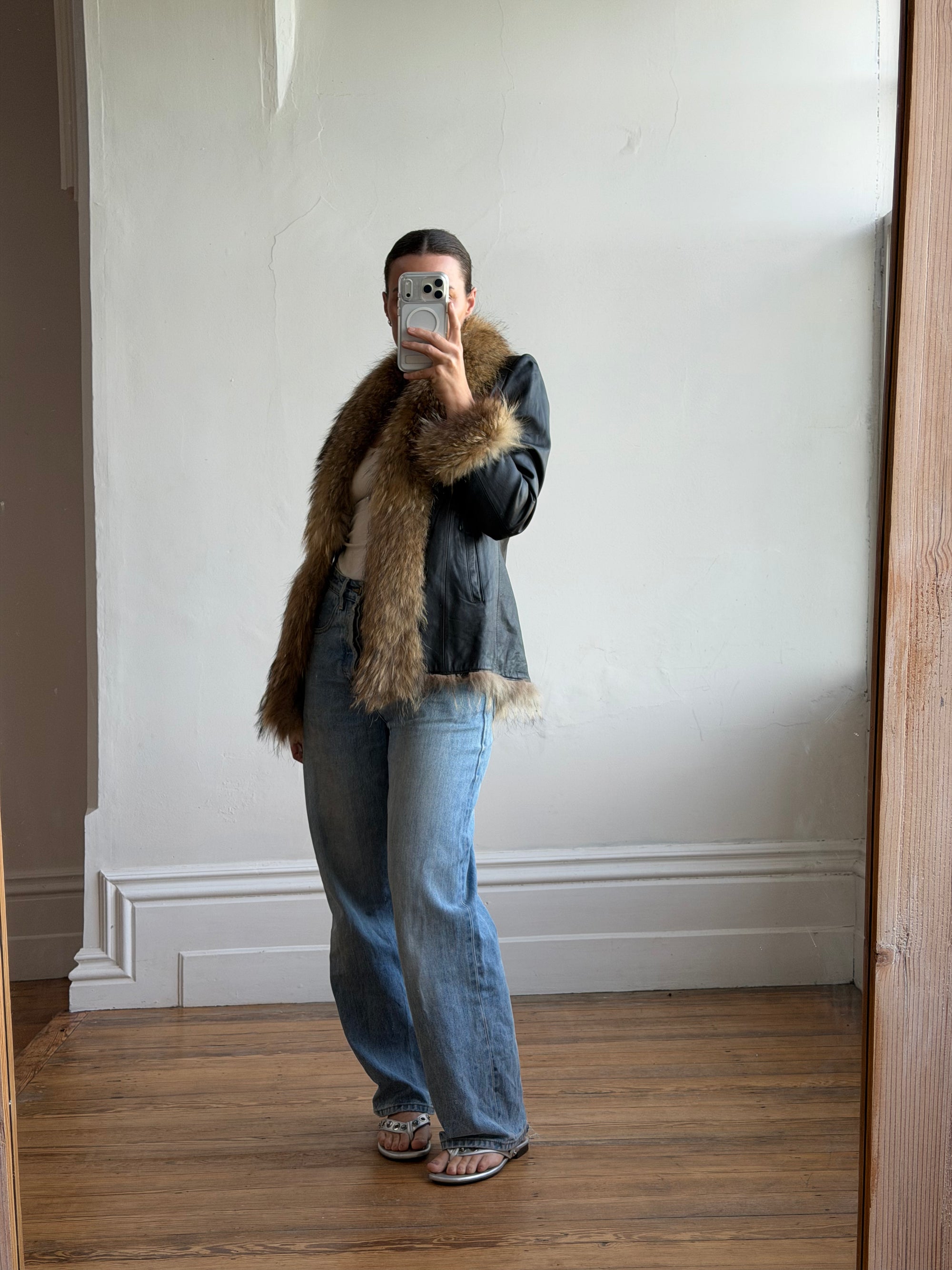 Vintage Y2K Fur and Leather Jacket Noir