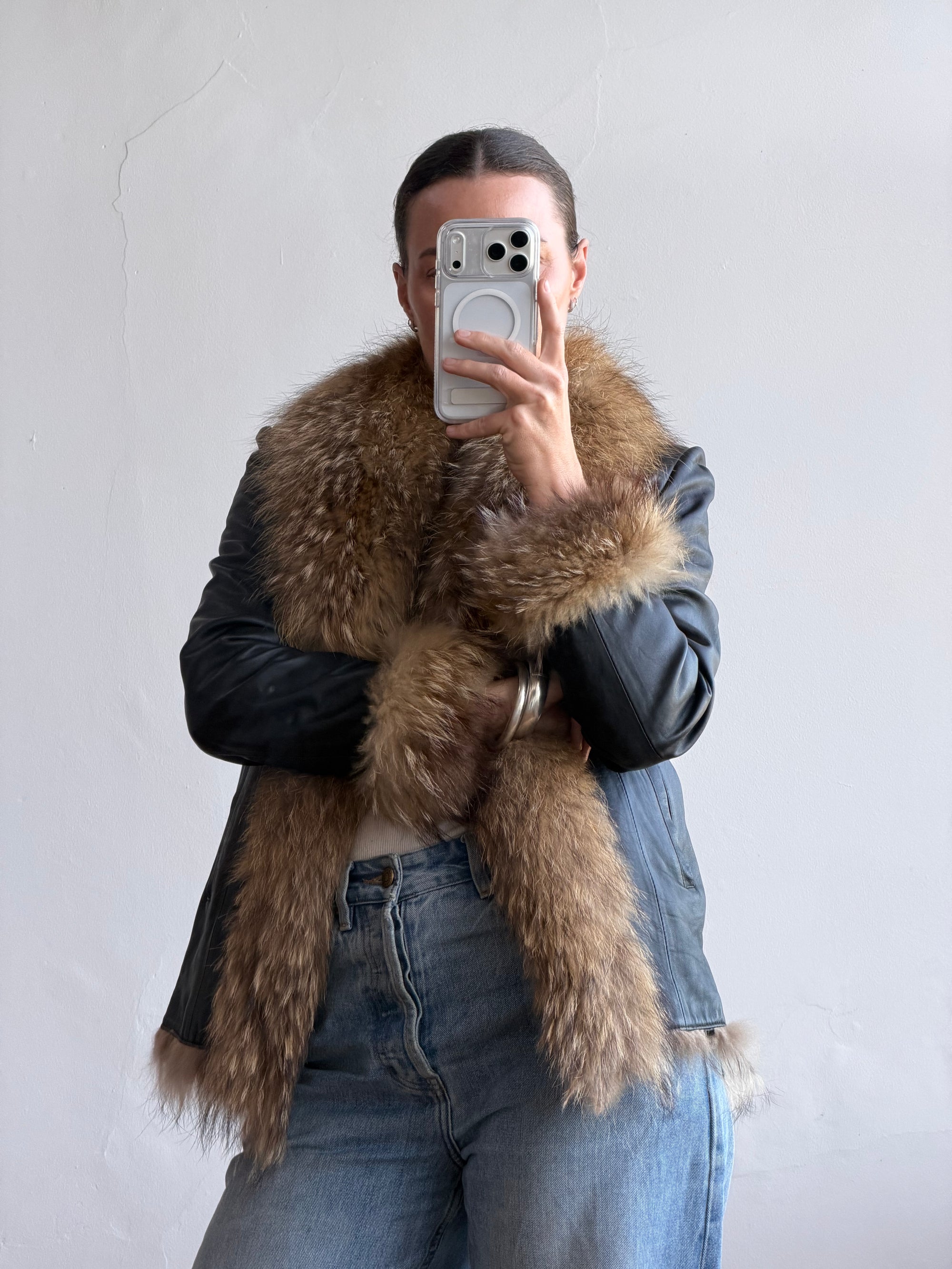 Vintage Y2K Fur and Leather Jacket Noir