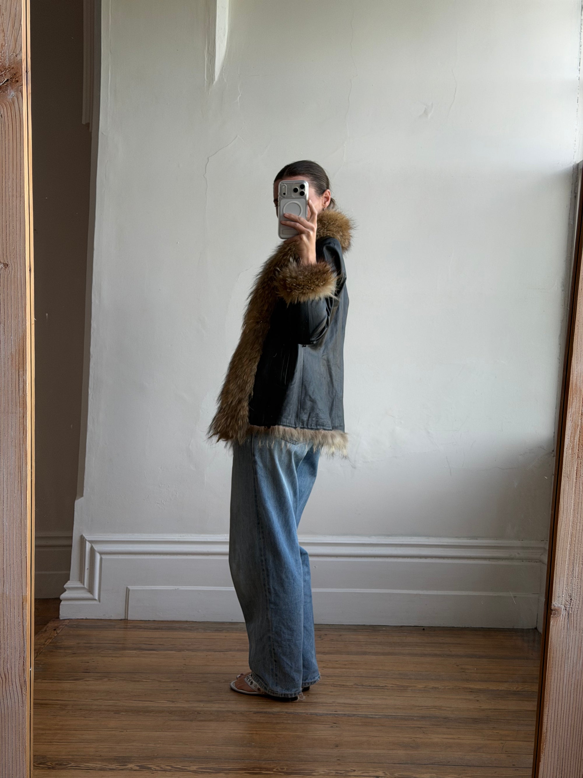 Vintage Y2K Fur and Leather Jacket Noir