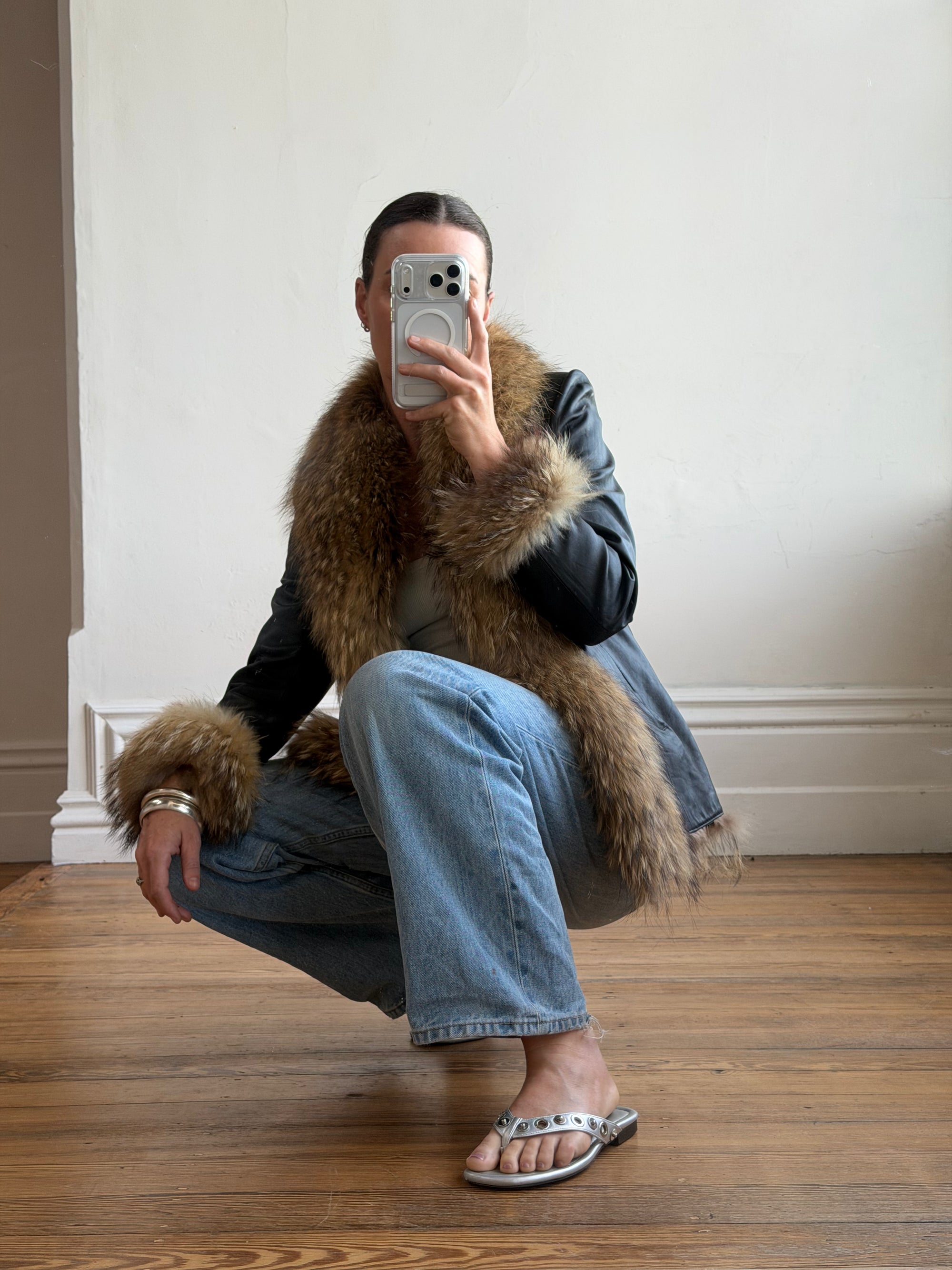 Vintage Y2K Fur and Leather Jacket Noir