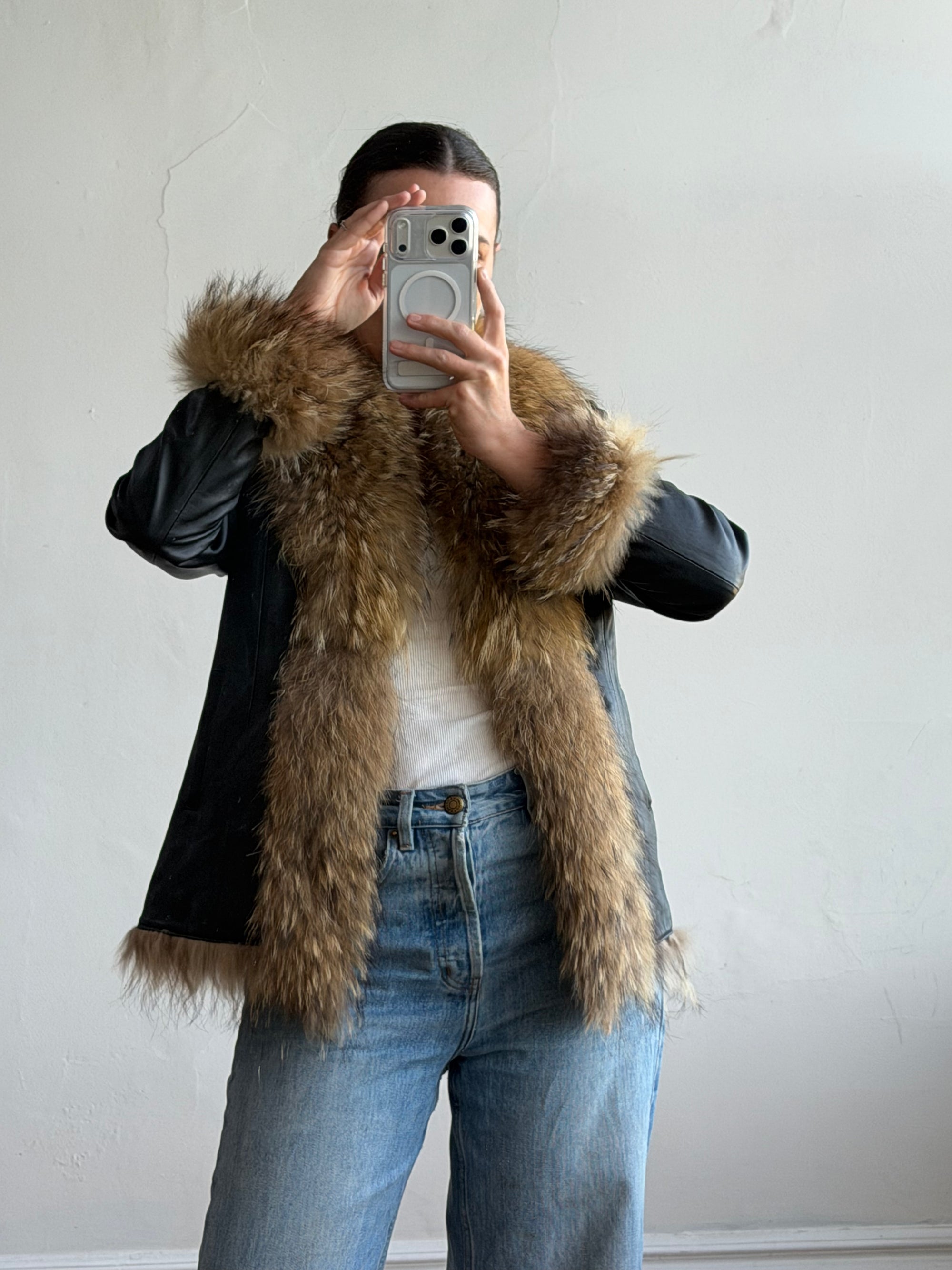 Vintage Y2K Fur and Leather Jacket Noir