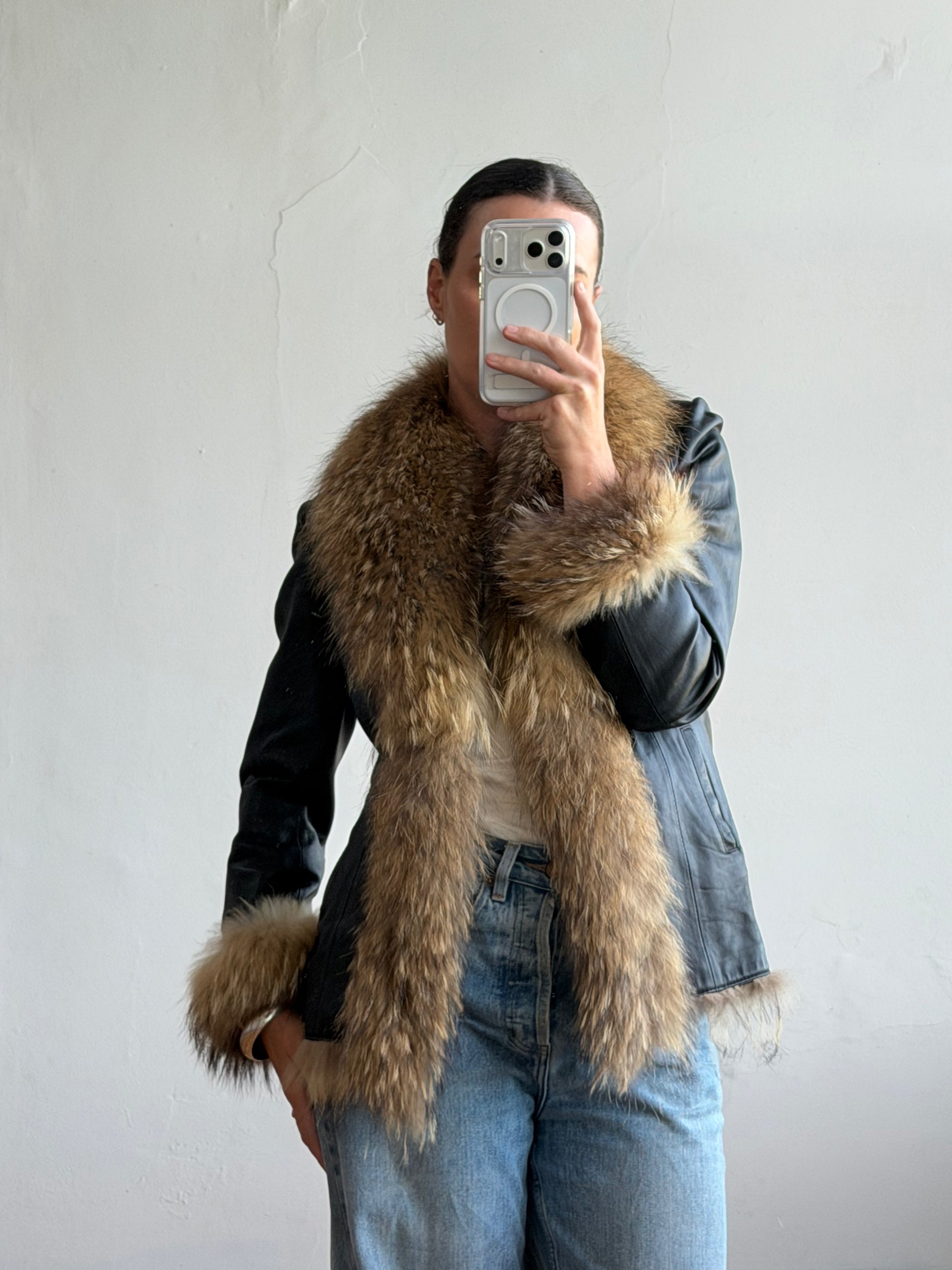 Vintage Y2K Fur and Leather Jacket Noir