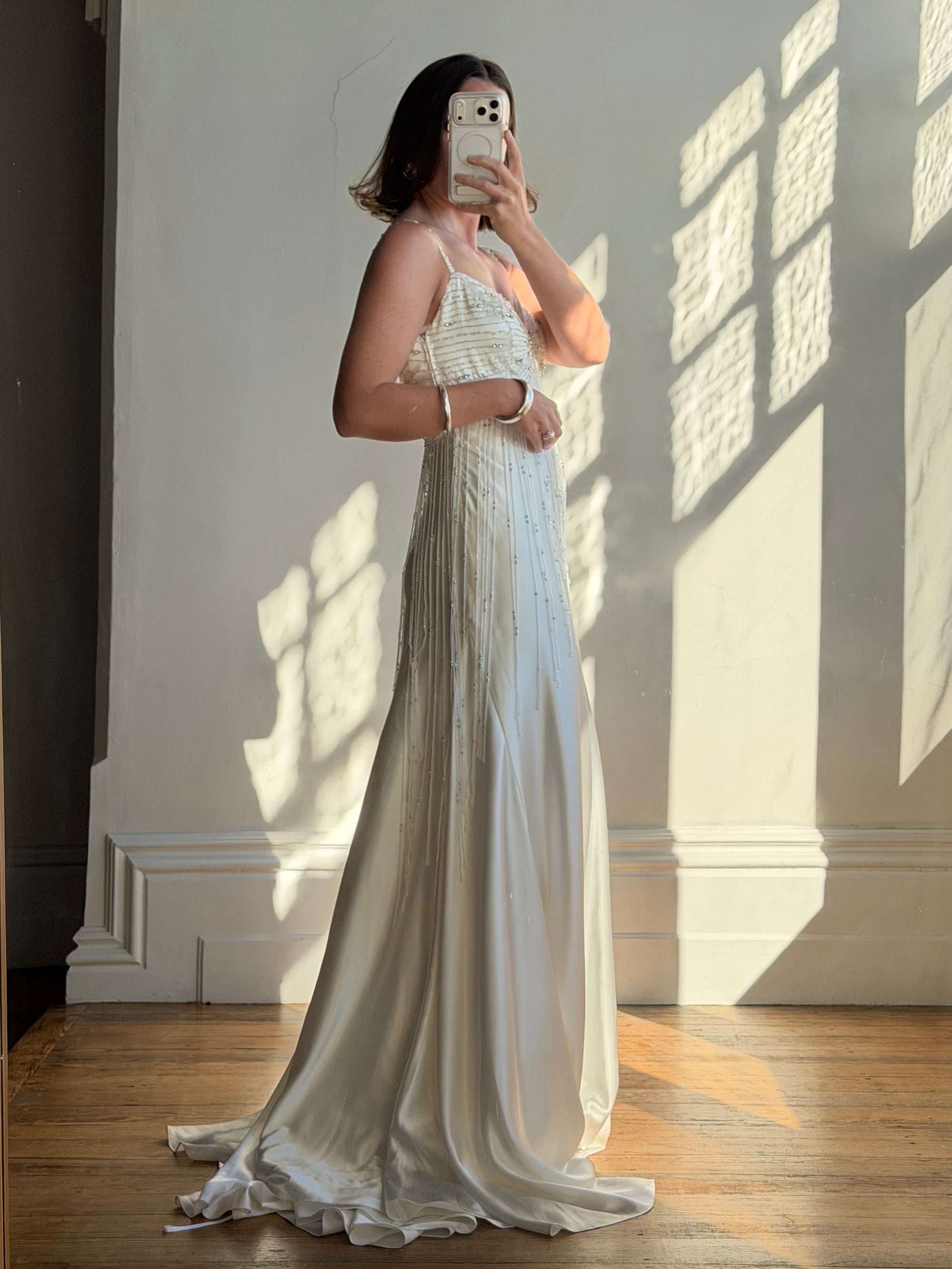 Vintage 90s Italian Silk Satin Beaded Fringe Haute Couture Dress with Train