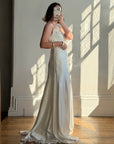 Vintage 90s Italian Silk Satin Beaded Fringe Haute Couture Dress with Train