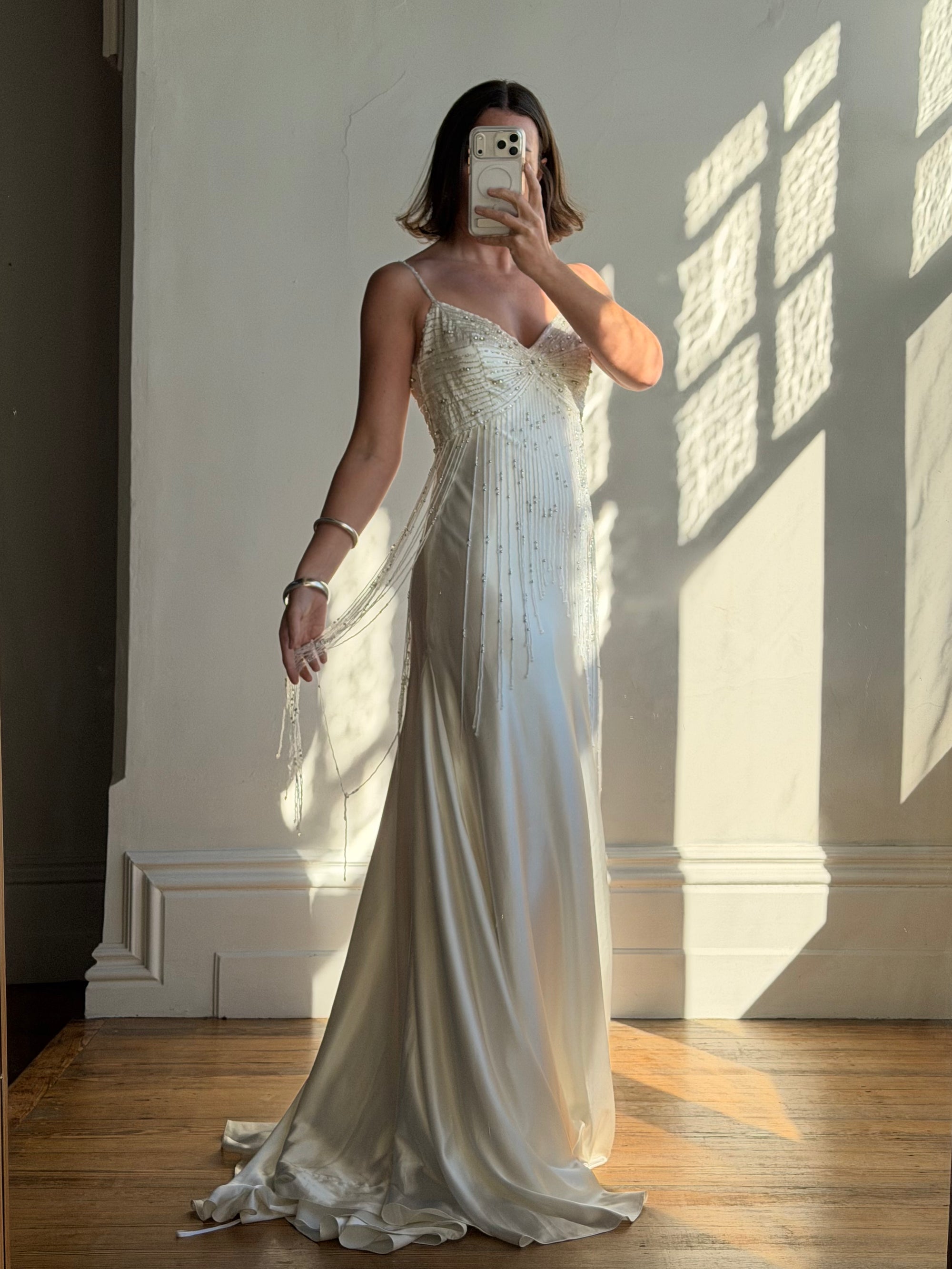 Vintage 90s Italian Silk Satin Beaded Fringe Haute Couture Dress with Train