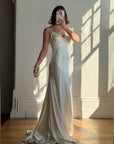 Vintage 90s Italian Silk Satin Beaded Fringe Haute Couture Dress with Train