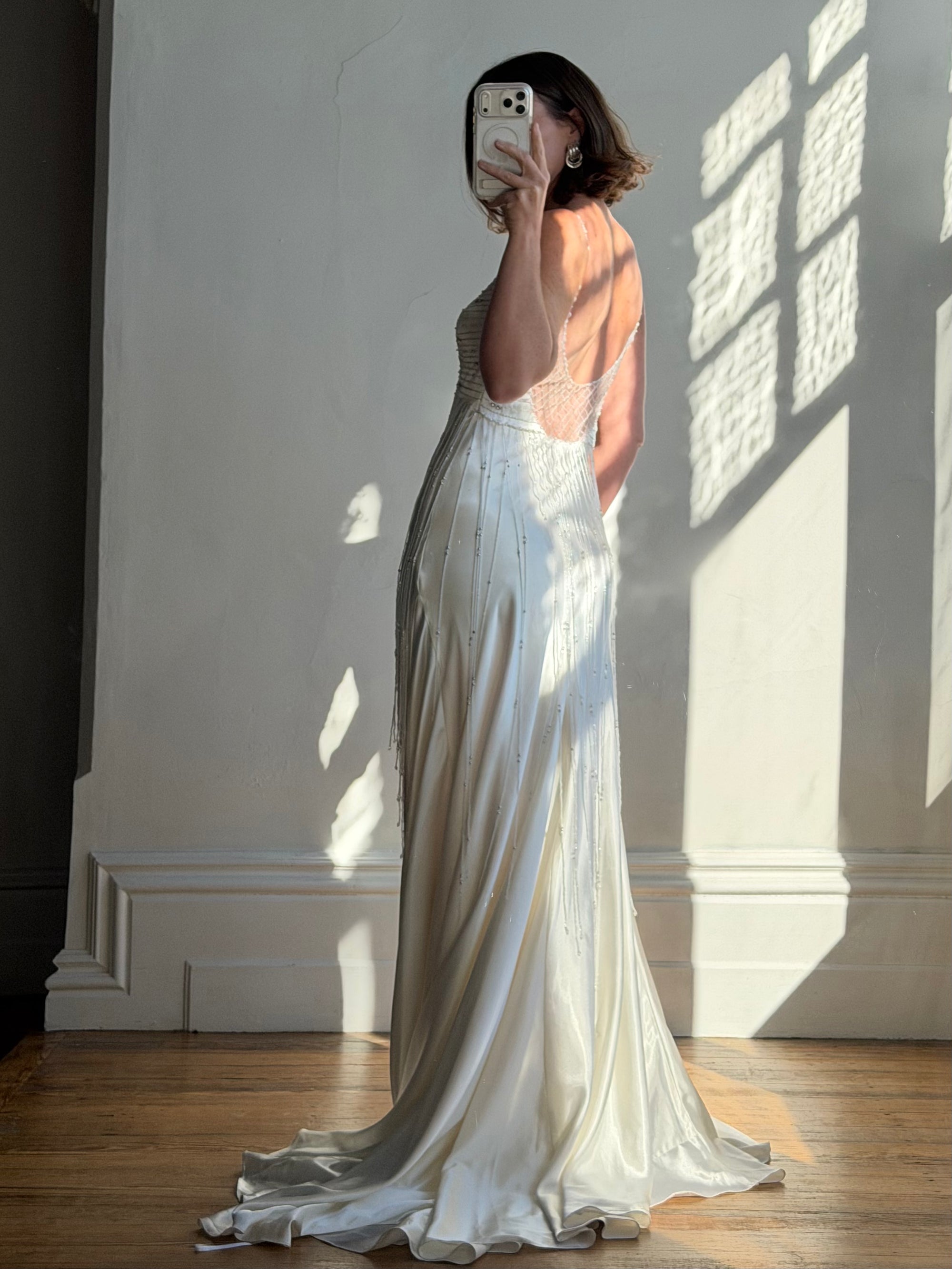 Vintage 90s Italian Silk Satin Beaded Fringe Haute Couture Dress with Train