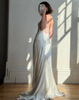 Vintage 90s Italian Silk Satin Beaded Fringe Haute Couture Dress with Train