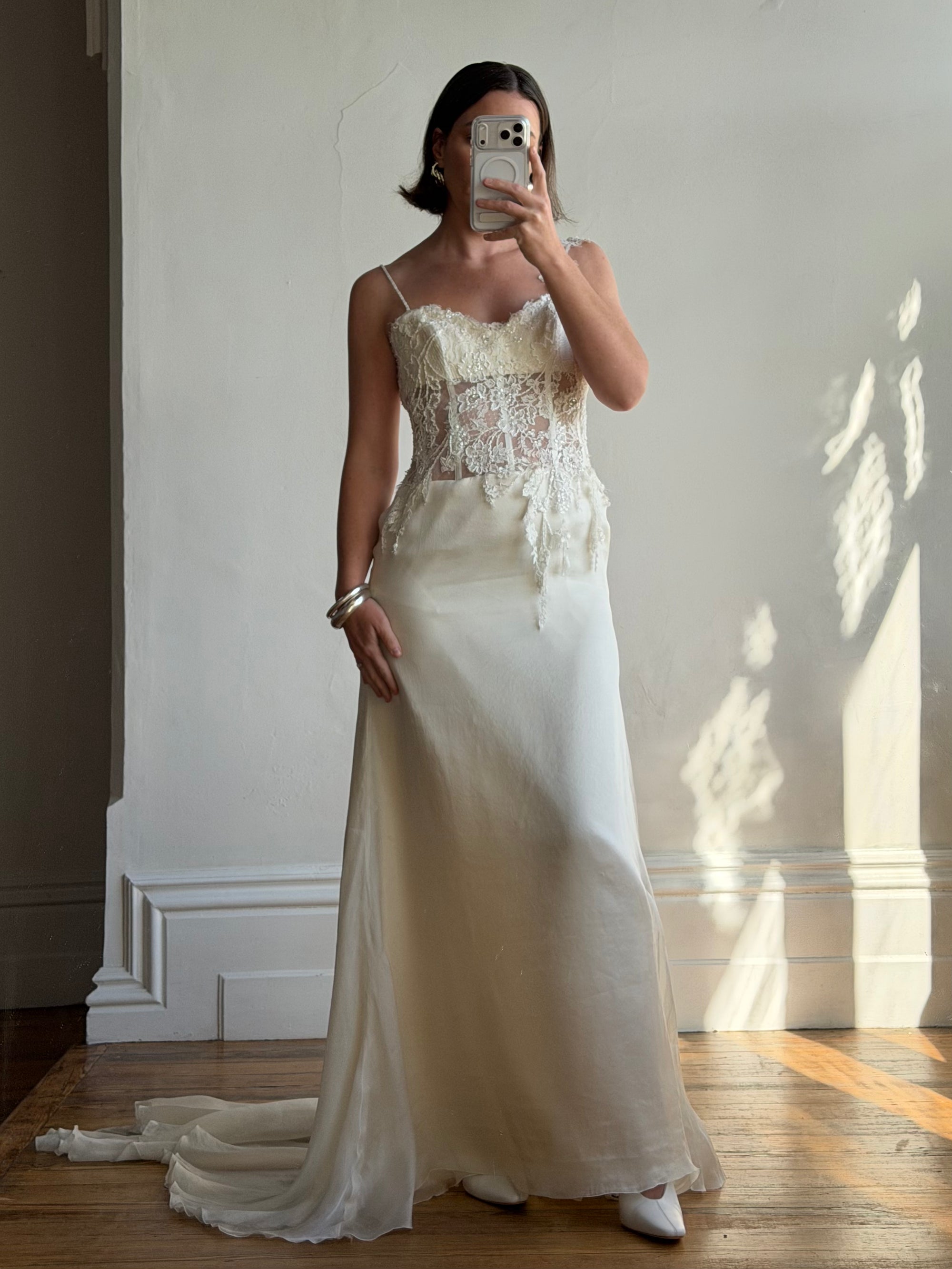 vintage italian wedding dresses F211004 Romantic Satin & Embroidered Lace Dress Vintage 90s Italian Asymmetrical Fairy