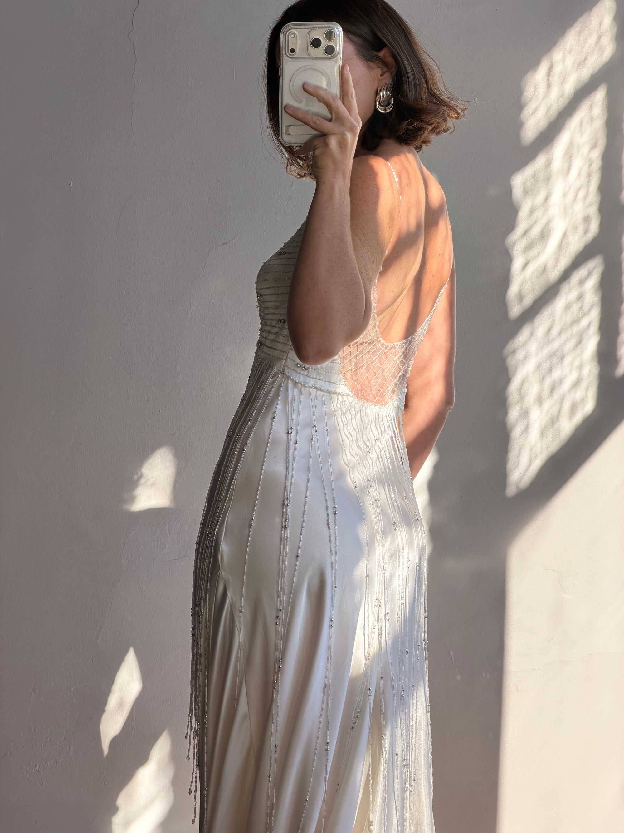 Vintage 90s Italian Silk Satin Beaded Fringe Haute Couture Dress with Train