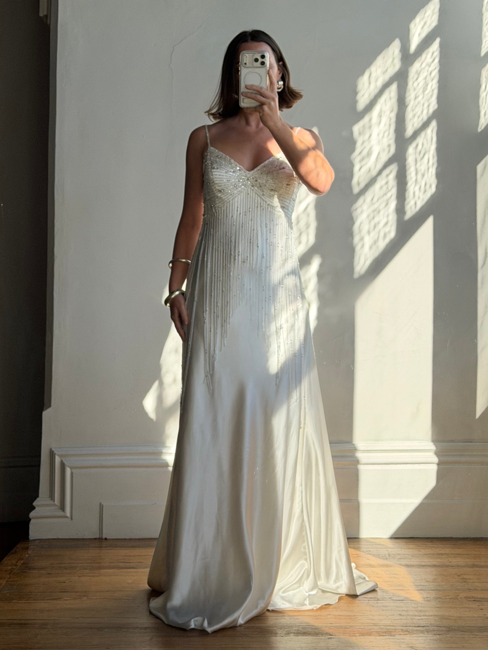 Vintage 90s Italian Silk Satin Beaded Fringe Haute Couture Dress with Train