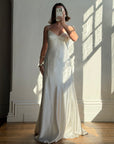 Vintage 90s Italian Silk Satin Beaded Fringe Haute Couture Dress with Train