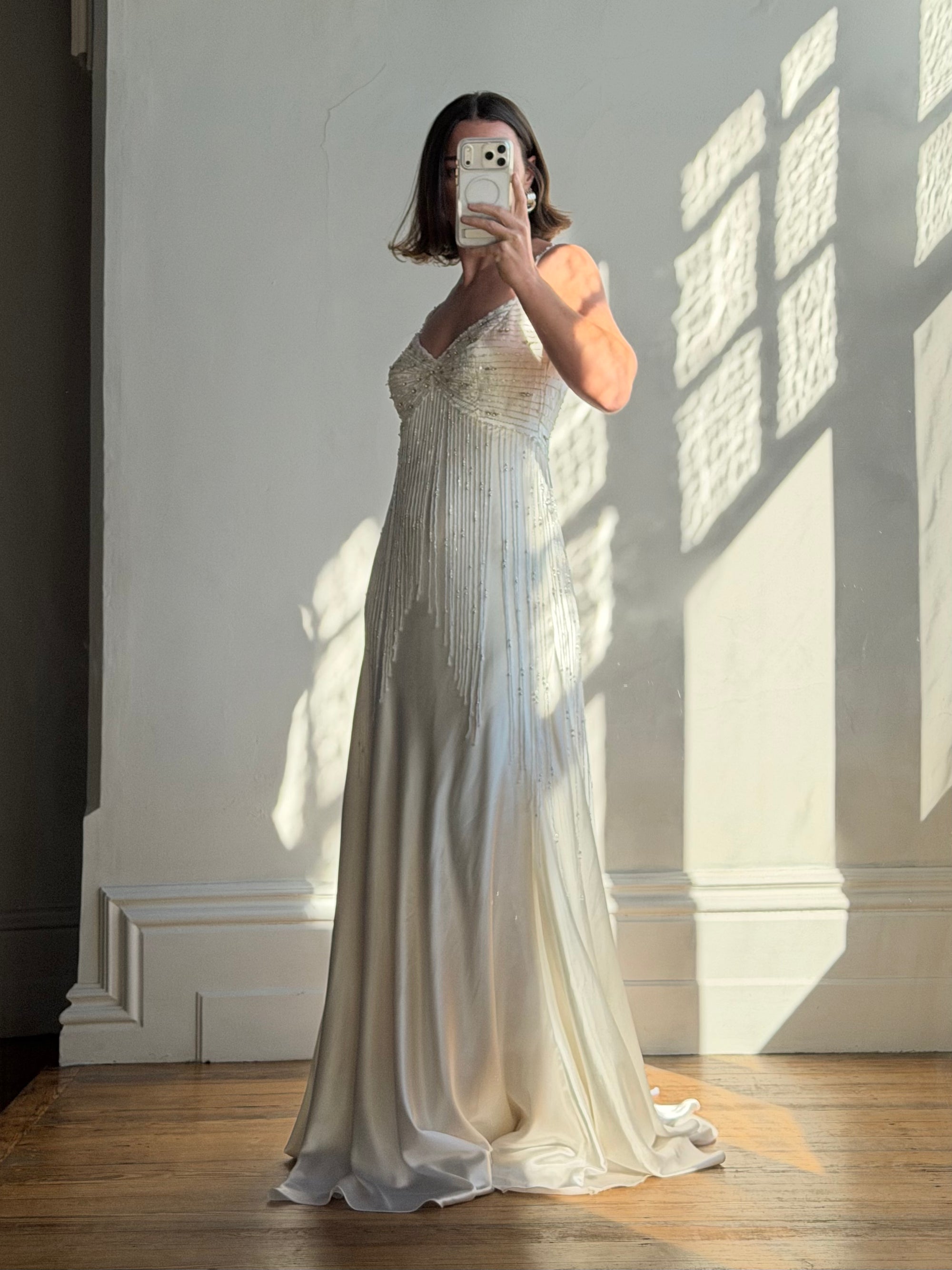 Vintage 90s Italian Silk Satin Beaded Fringe Haute Couture Dress with Train
