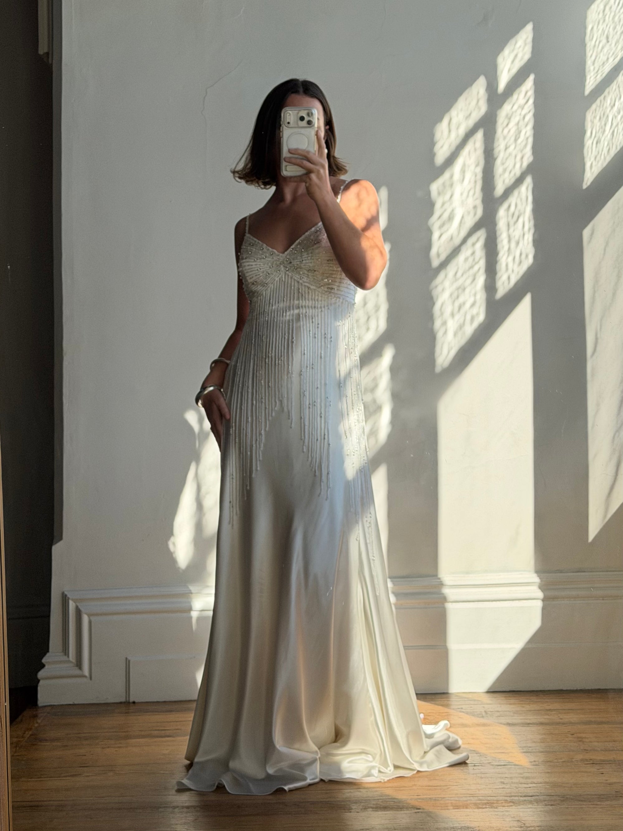 Vintage 90s Italian Silk Satin Beaded Fringe Haute Couture Dress with Train