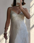 Vintage 90s Italian Silk Satin Beaded Fringe Haute Couture Dress with Train