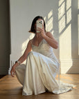 Vintage 90s Italian Silk Satin Beaded Fringe Haute Couture Dress with Train