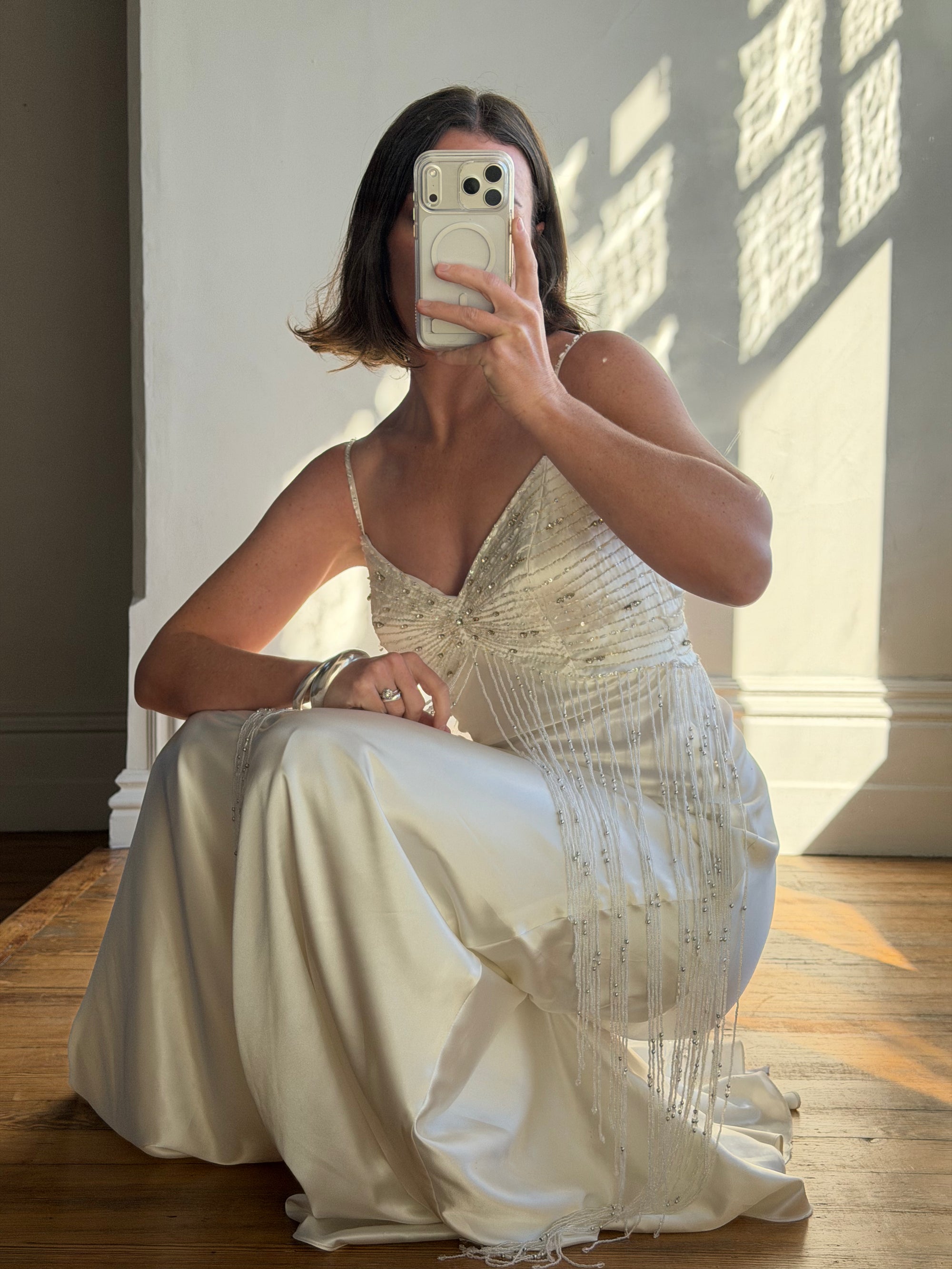 Vintage 90s Italian Silk Satin Beaded Fringe Haute Couture Dress with Train