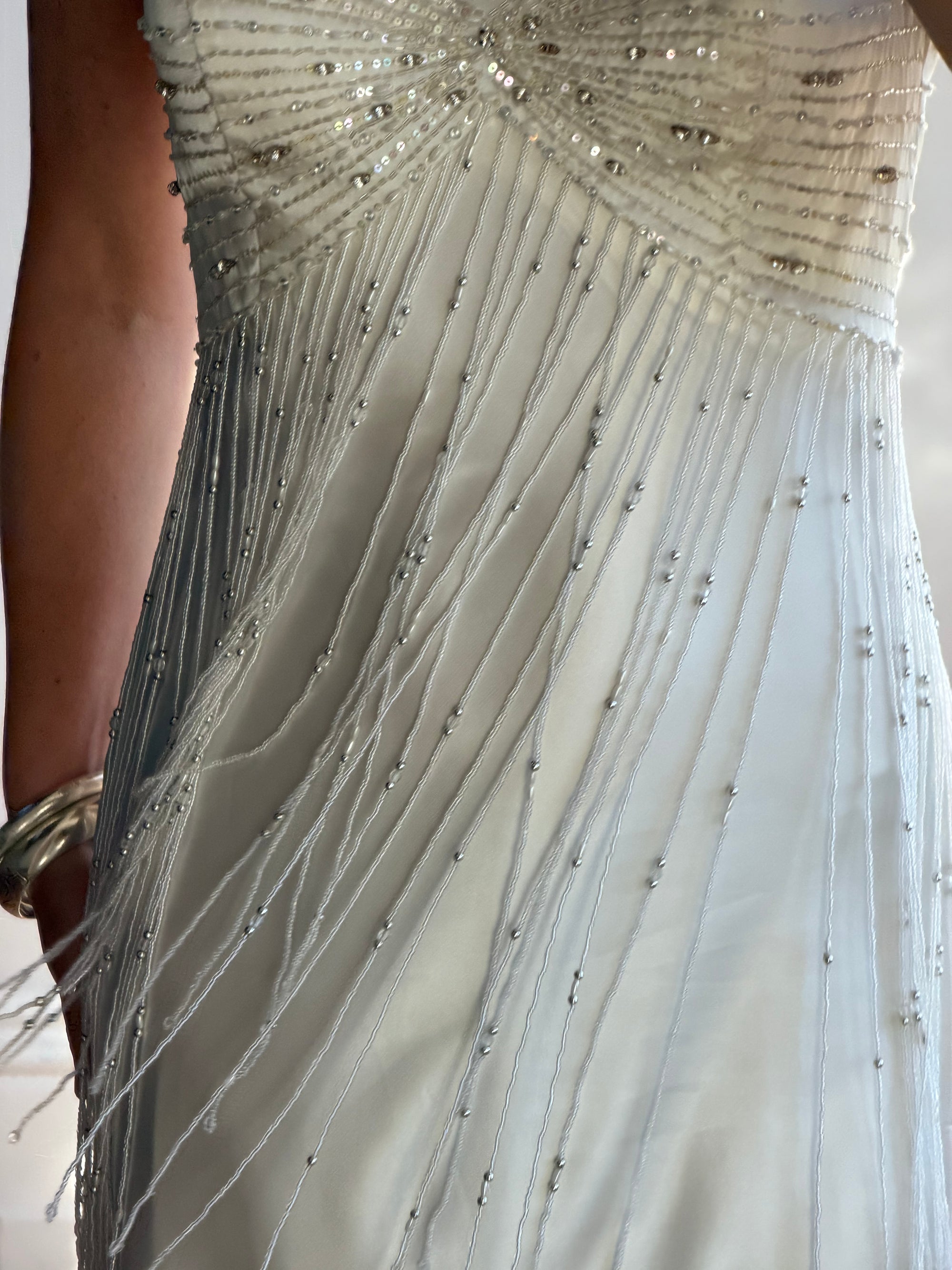 Vintage 90s Italian Silk Satin Beaded Fringe Haute Couture Dress with Train