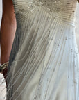 Vintage 90s Italian Silk Satin Beaded Fringe Haute Couture Dress with Train