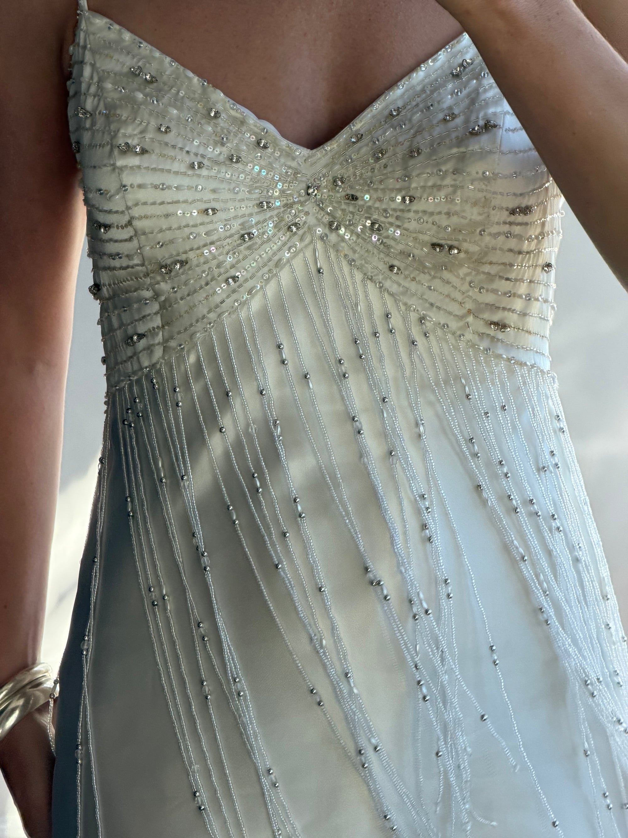 Vintage 90s Italian Silk Satin Beaded Fringe Haute Couture Dress with Train