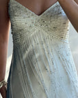 Vintage 90s Italian Silk Satin Beaded Fringe Haute Couture Dress with Train