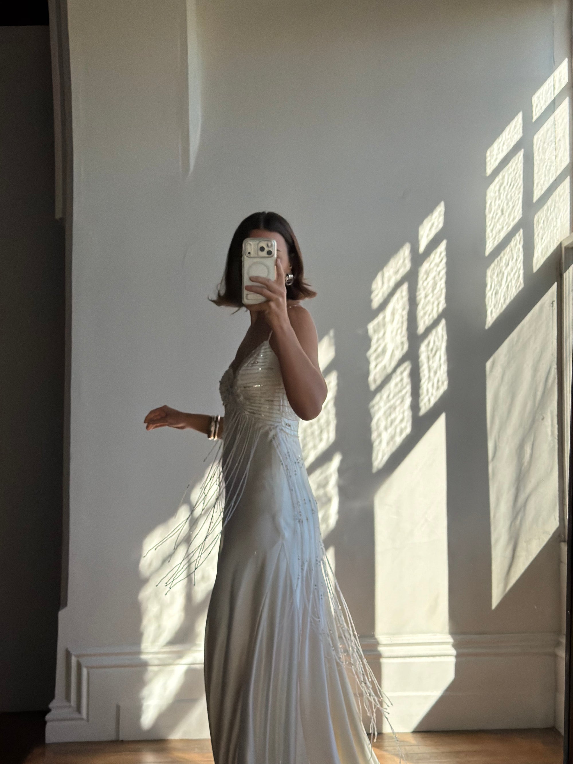 Vintage 90s Italian Silk Satin Beaded Fringe Haute Couture Dress with Train