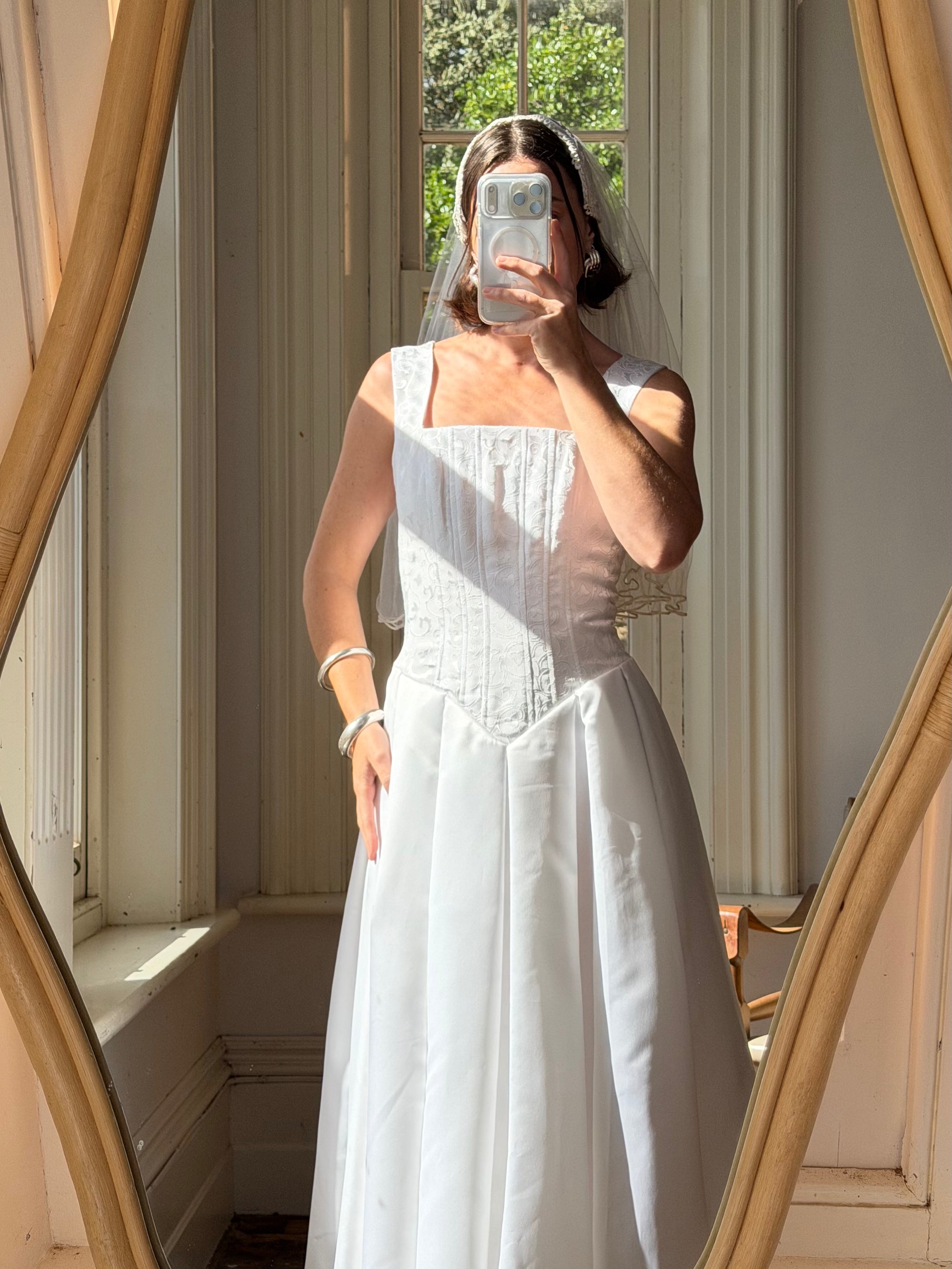 Vintage 90s Boned Jacquard Basque Waist Wedding Dress White