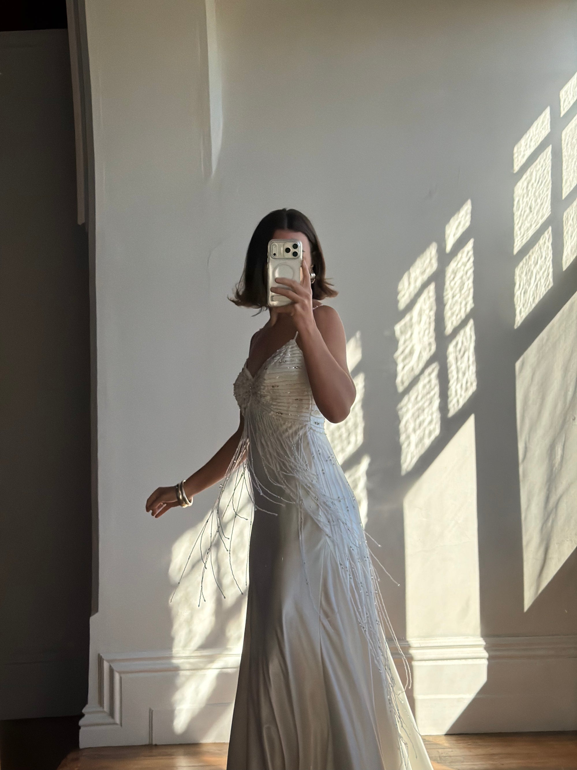 Vintage 90s Italian Silk Satin Beaded Fringe Haute Couture Dress with Train