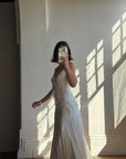 Vintage 90s Italian Silk Satin Beaded Fringe Haute Couture Dress with Train