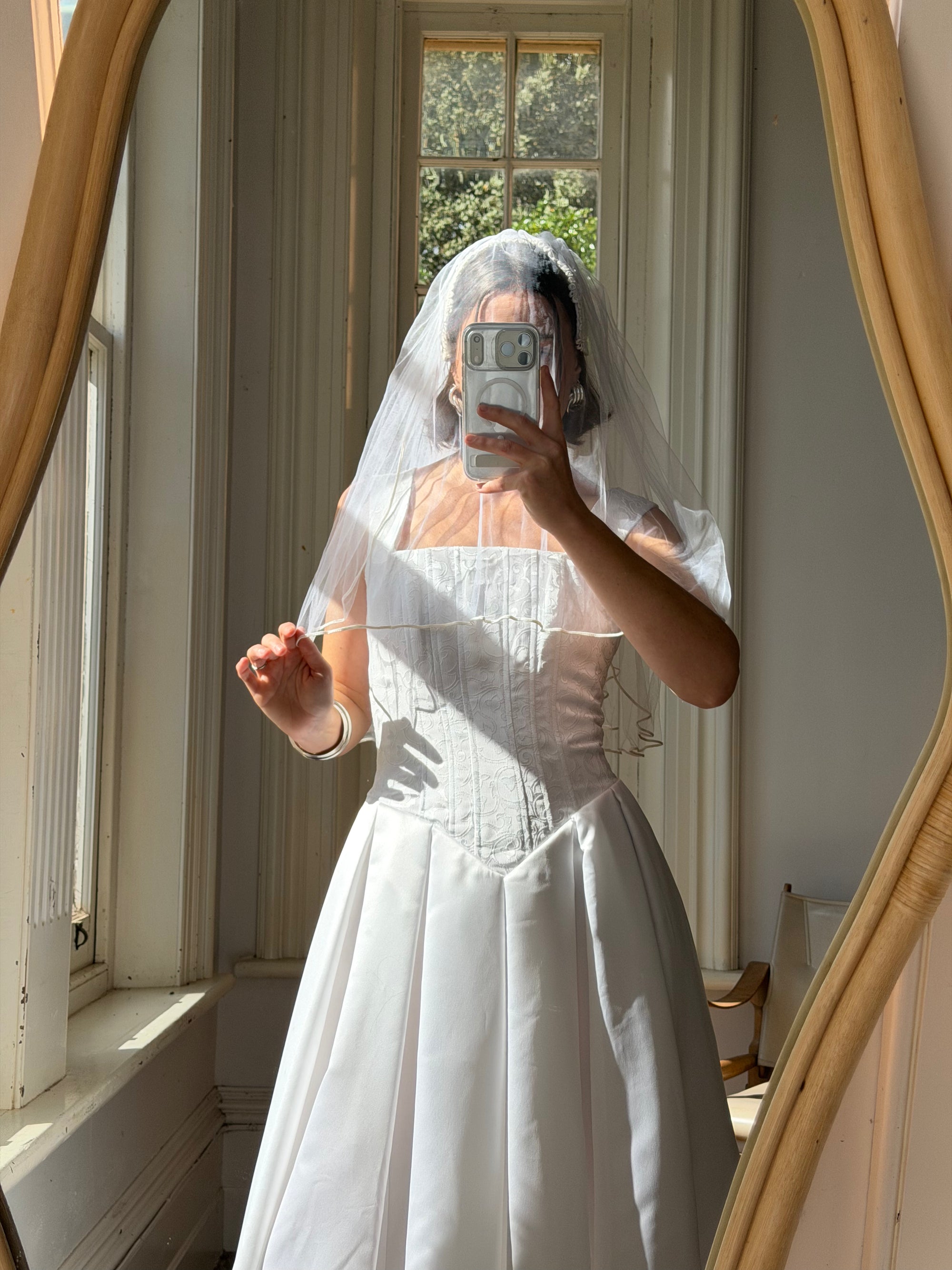 Vintage 90s Boned Jacquard Basque Waist Wedding Dress White