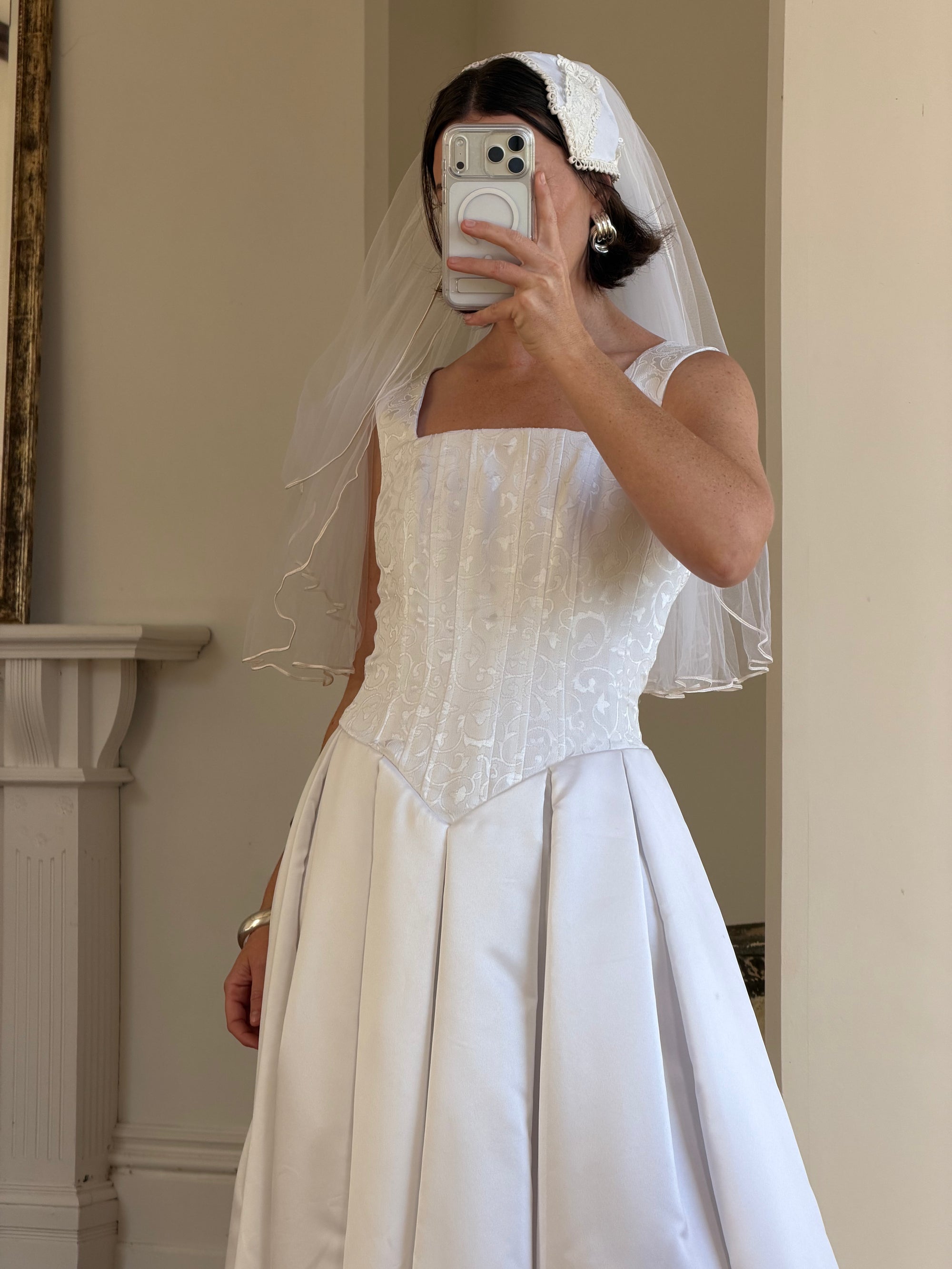 Vintage 90s Boned Jacquard Basque Waist Wedding Dress White