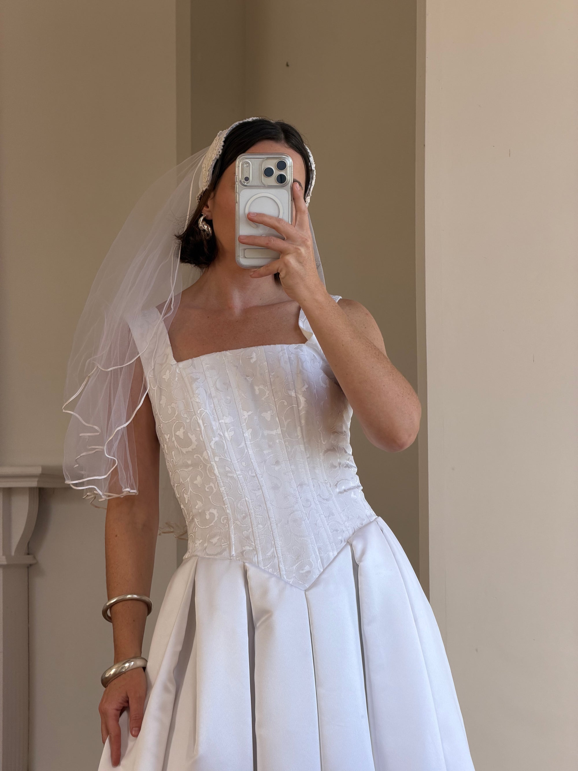 Vintage 90s Boned Jacquard Basque Waist Wedding Dress White