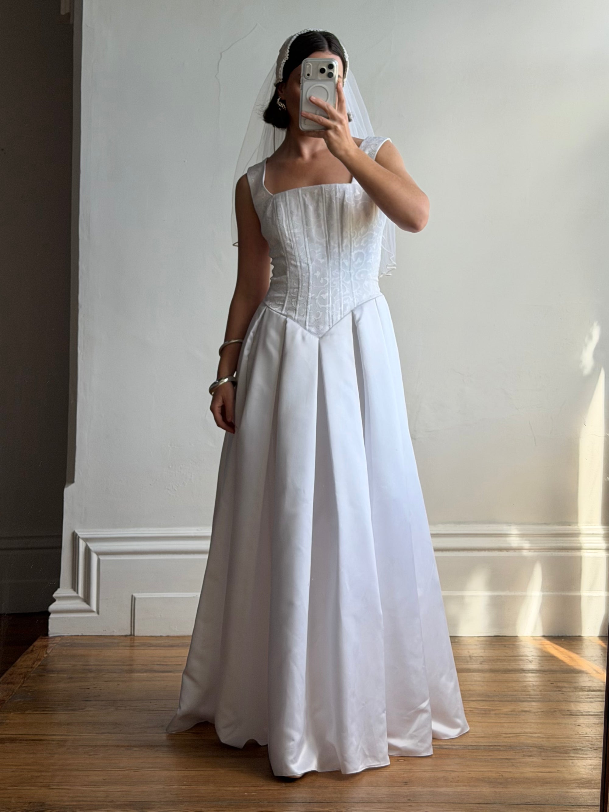 Vintage 90s Boned Jacquard Basque Waist Wedding Dress White