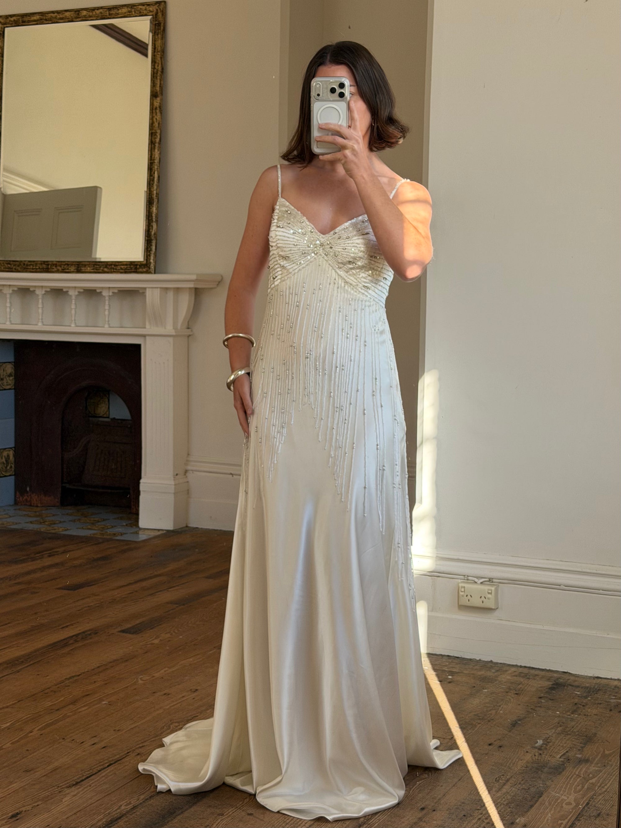 Vintage 90s Italian Silk Satin Beaded Fringe Haute Couture Dress with Train