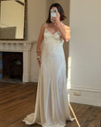 Vintage 90s Italian Silk Satin Beaded Fringe Haute Couture Dress with Train