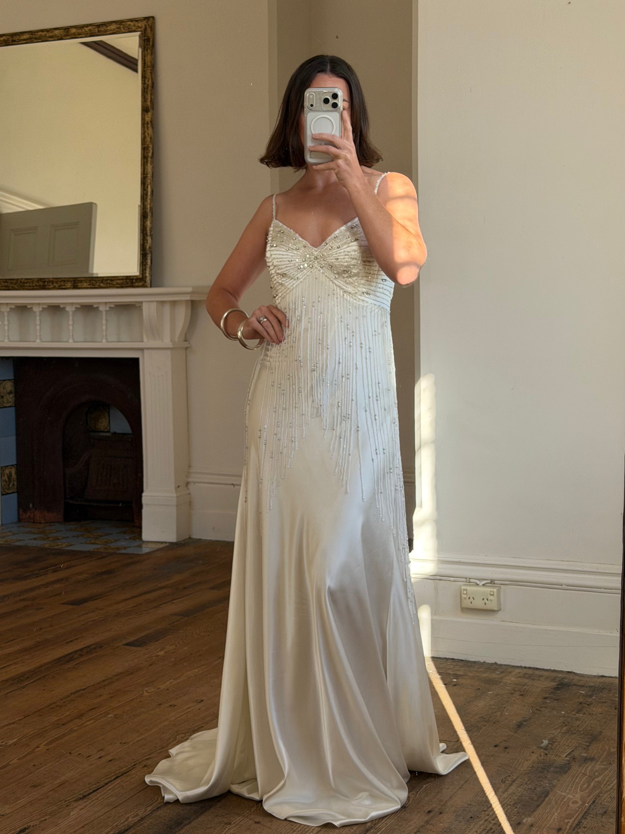 Vintage 90s Italian Silk Satin Beaded Fringe Haute Couture Dress with Train