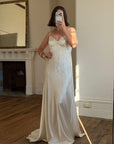 Vintage 90s Italian Silk Satin Beaded Fringe Haute Couture Dress with Train