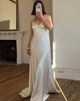 Vintage 90s Italian Silk Satin Beaded Fringe Haute Couture Dress with Train