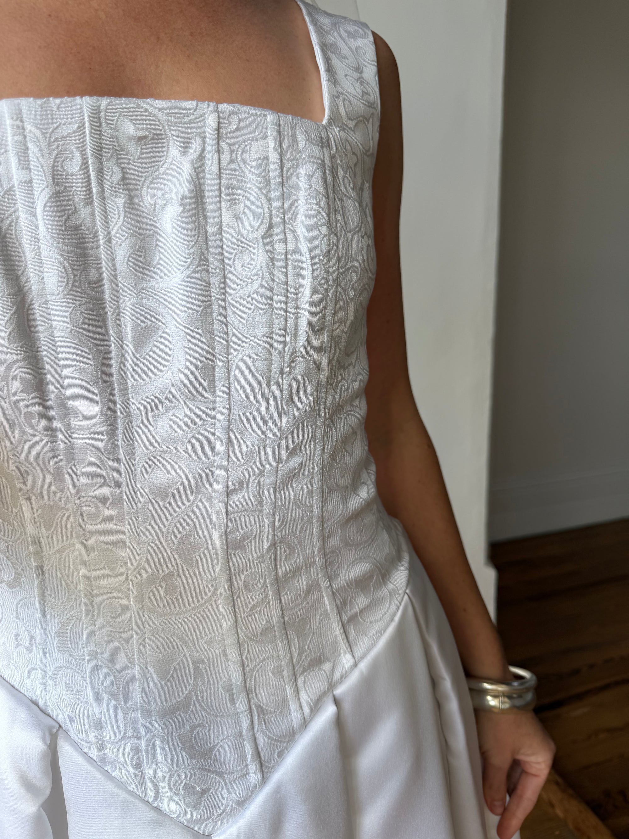 Vintage 90s Boned Jacquard Basque Waist Wedding Dress White