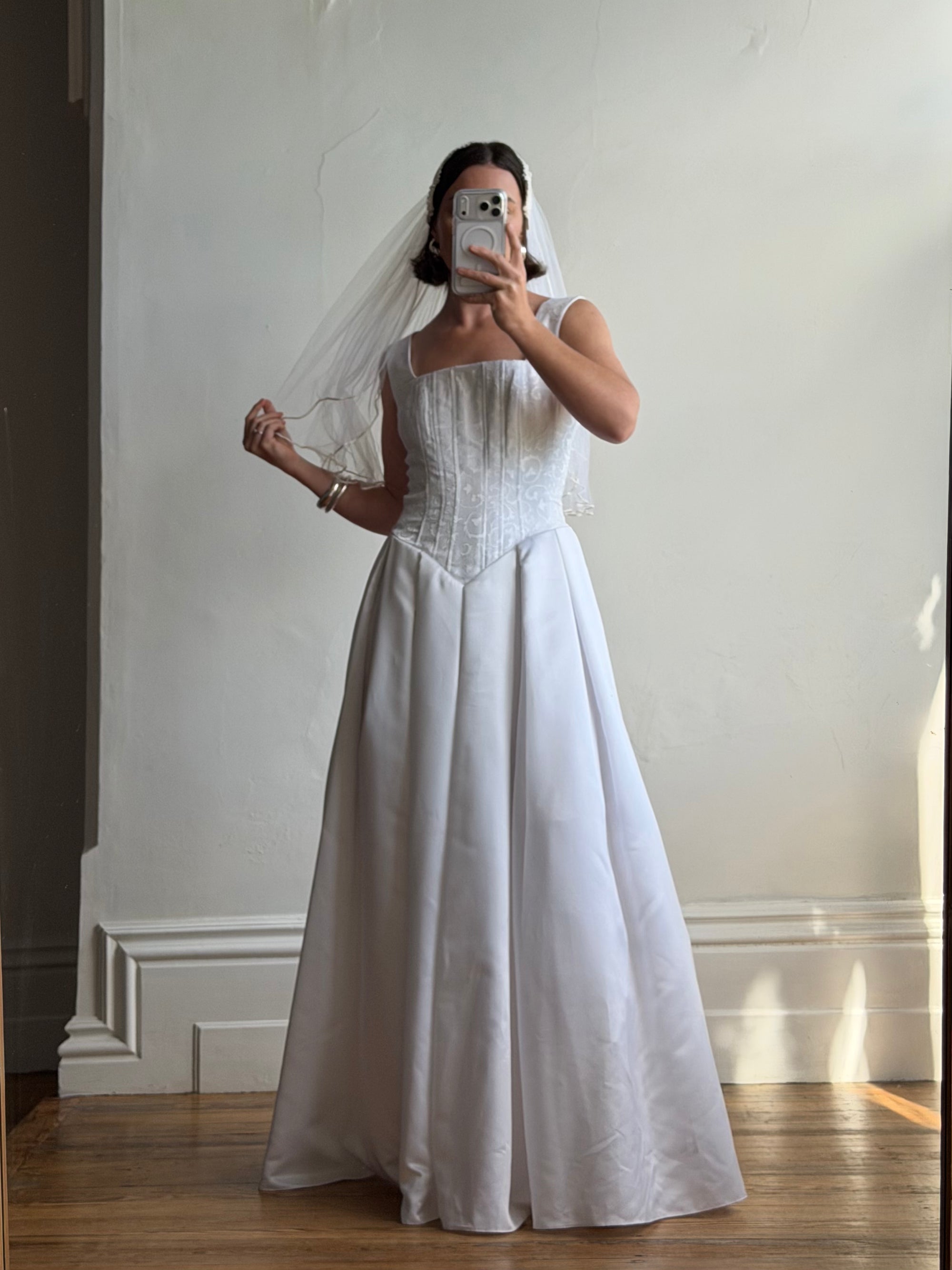 Vintage 90s Boned Jacquard Basque Waist Wedding Dress White