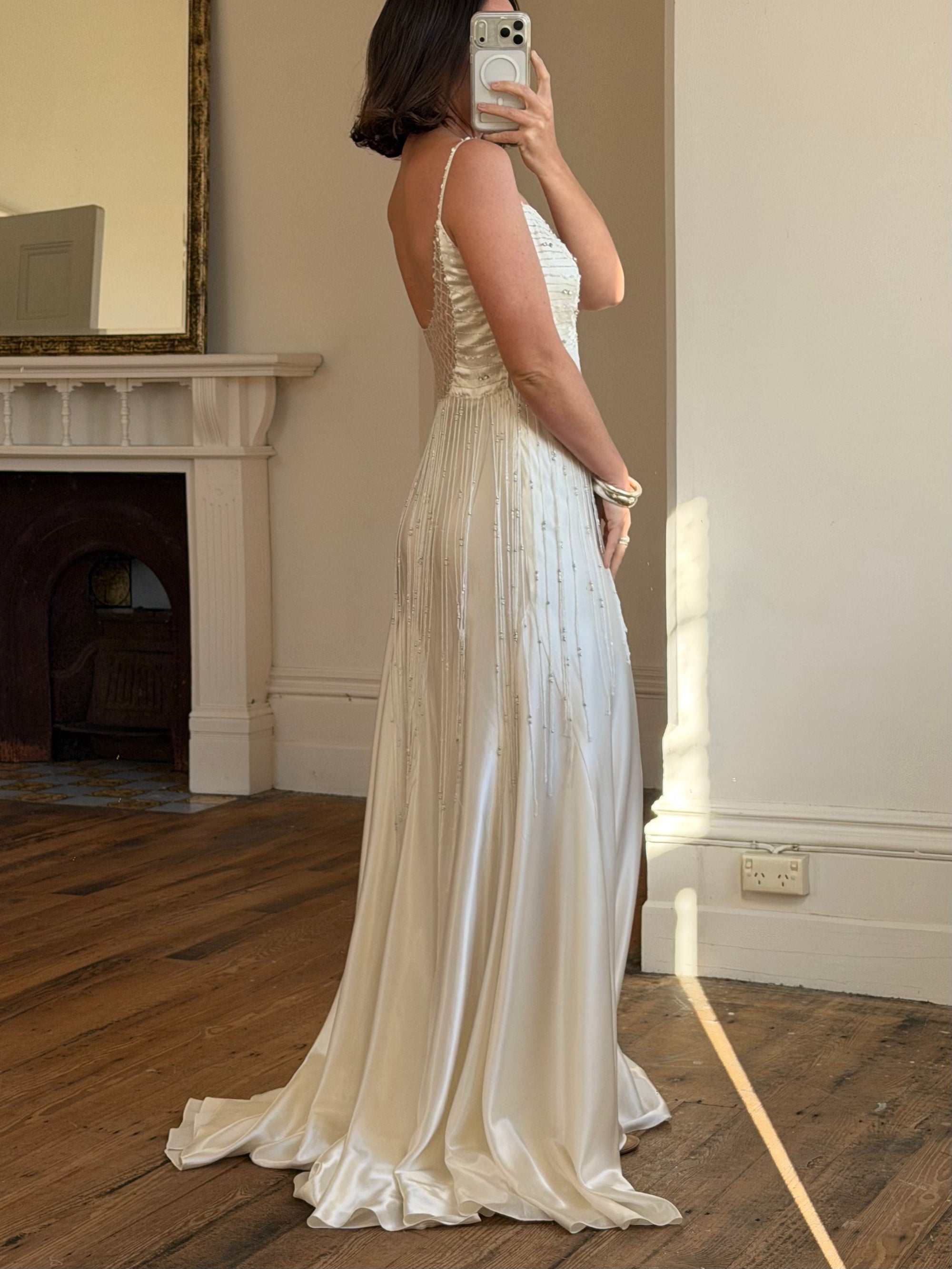 Vintage 90s Italian Silk Satin Beaded Fringe Haute Couture Dress with Train