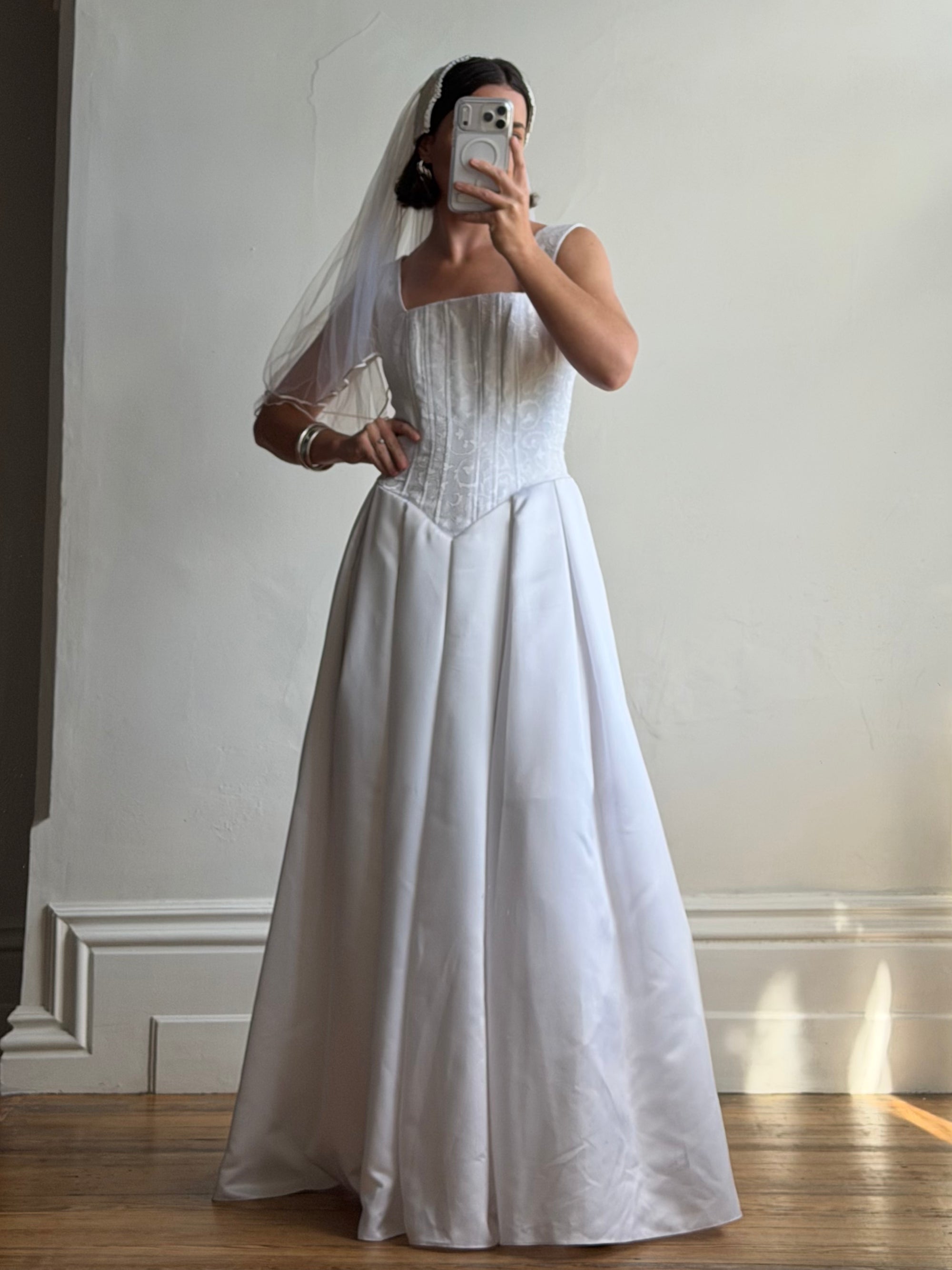 Vintage 90s Boned Jacquard Basque Waist Wedding Dress White