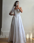 Vintage 90s Boned Jacquard Basque Waist Wedding Dress White