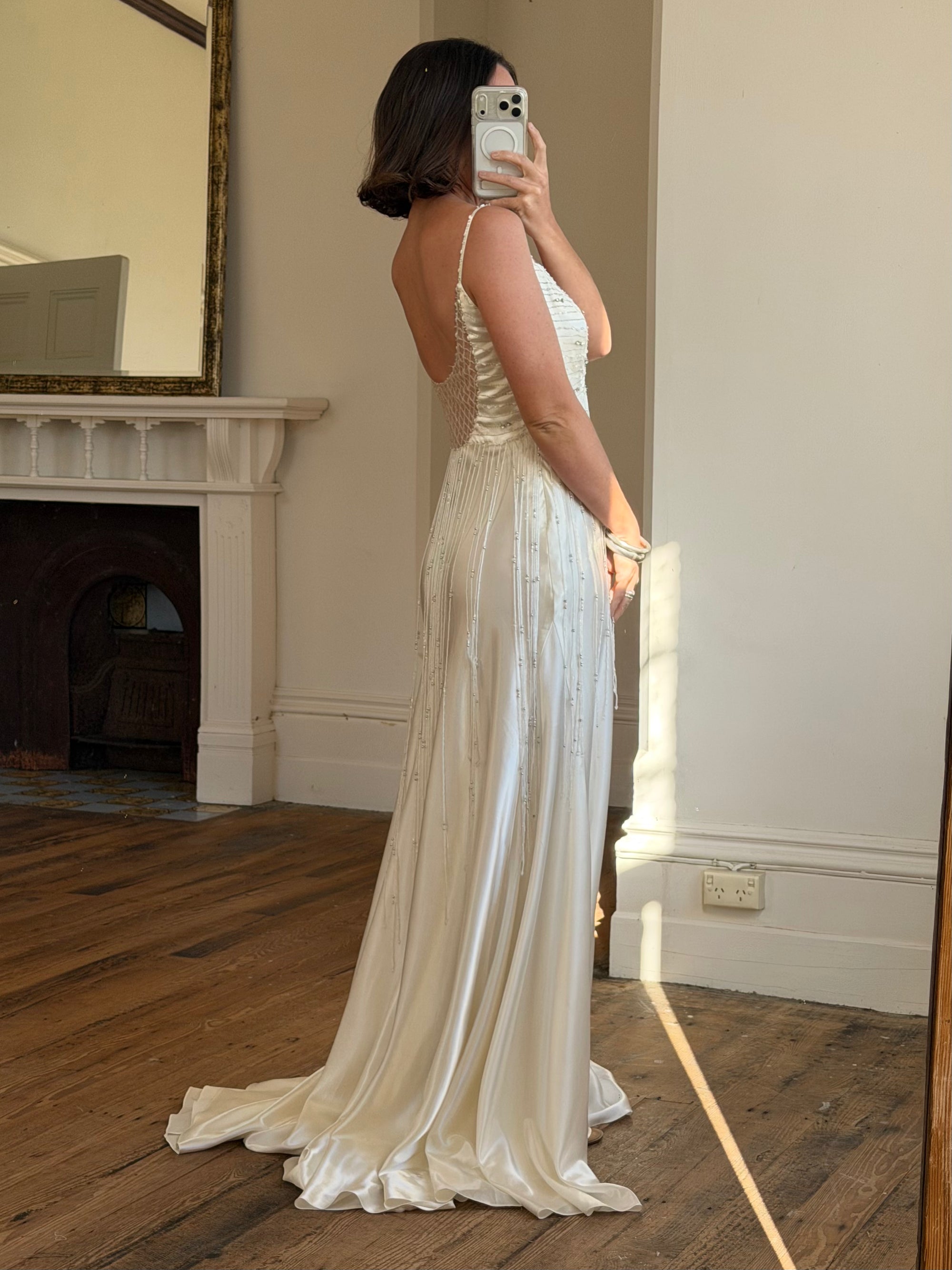 Vintage 90s Italian Silk Satin Beaded Fringe Haute Couture Dress with Train