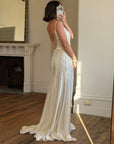 Vintage 90s Italian Silk Satin Beaded Fringe Haute Couture Dress with Train
